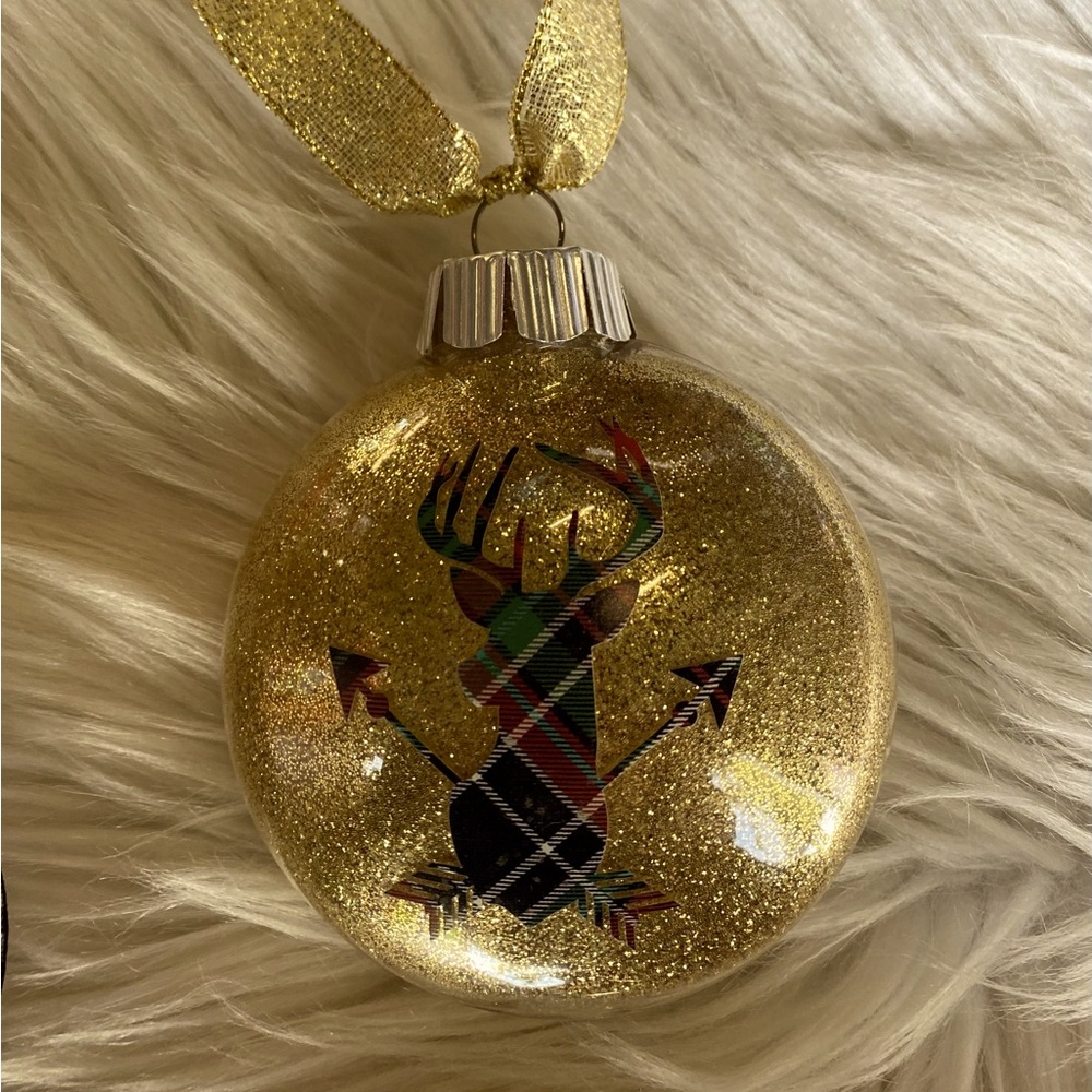 Gold Christmas ornament gift hunter plaid theme